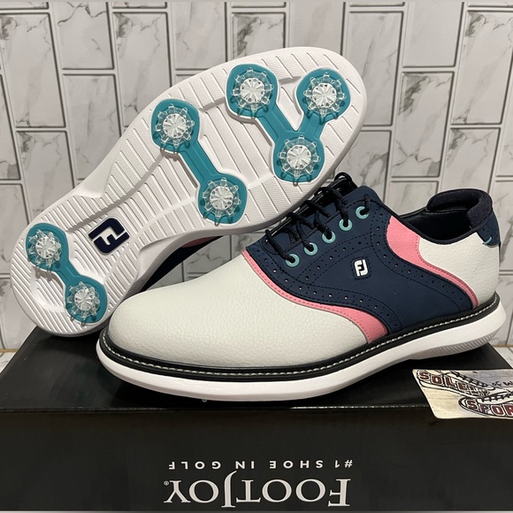 New FootJoy Traditions Waterproof Golf Shoes Cleats Blue White Pink Men 8.5 - 13 - Picture 4 of 16